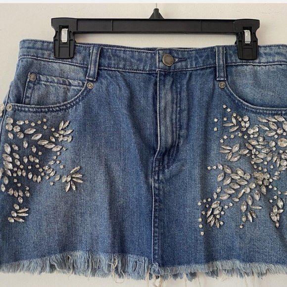 FP Shine Bright Shine Far Medium Wash Denim Rhinestone Mini Skirt sz 4 NWT - Picture 9 of 9